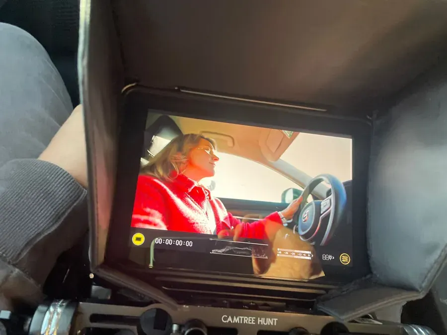 On set of Breaking Barriers: the camera monitor showing Svetlana Moshkovich at the wheel
